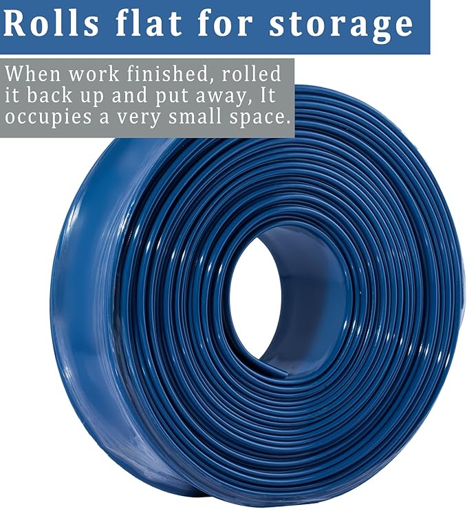 Pool Backwash Hose 2 inch × 100 ft Thicken Blue Water Discharge Pipe Lay Flat Tubing Hose for Backwash Pool Filter, Drain Pool Pond Water (2in-100ft)