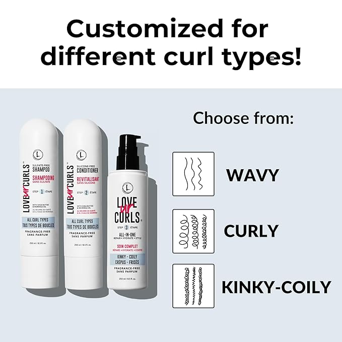 Love Ur Curls Fragrance Free Shampoo & Conditioner Set with All in One Curl Cream Styler for Kinky & Coily Hair, 3 Step System to Repair, 200 mL