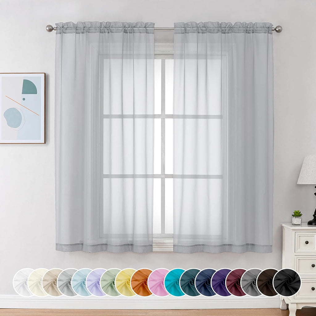 Chyhomenyc Light Grey Sheer Curtains 54 Inch Long 2 Panels, Light Filtering Rod Pocket Voile Short Curtains Drapes for Living Room Bedroom Small Windows, 42Wx45L Inches