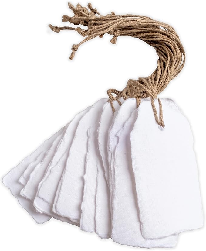 Wanderings Handmade White Deckled Edge Tags with String - 3.75 x 1.75” Only - Pack of 25 - Ideal for Price or Gift Tags, Arts, Crafts, Place Cards, Name Cards - Cold Press Thick 150 GSM
