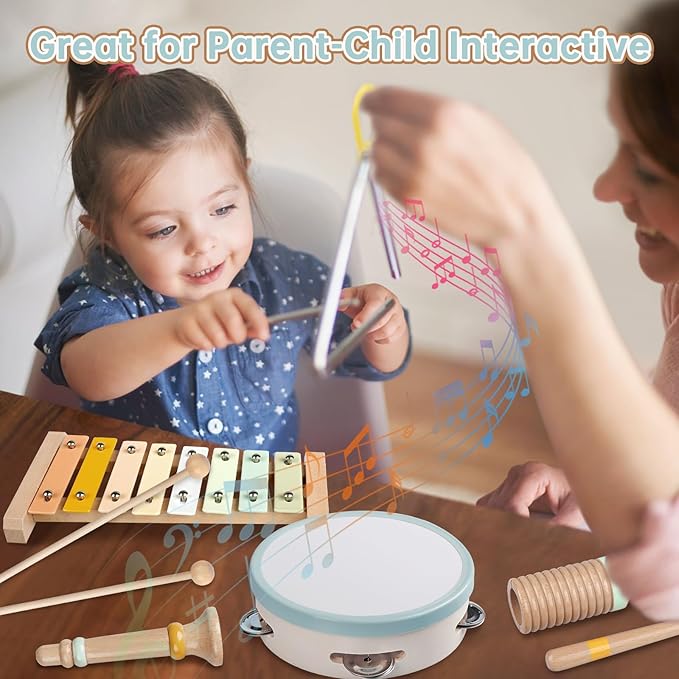 Baby Musical Instruments - Neutral Colors Musical Toys for Toddlers 1-3, Montessori Wooden Percussion Instruments Set with Modern Boho Xylophone Tambourine, Kids Preschool Educational Birthday Gifts