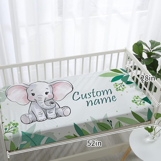 Personalized Baby Crib Bedding Set, Green Elephant Design Custom Name Baby Crib Sets 5-Pcs, Toddler Double Layer Blanket Fitted Sheets Changing Pad Cover Rug Wall Art Set, Charming Nursery Decor
