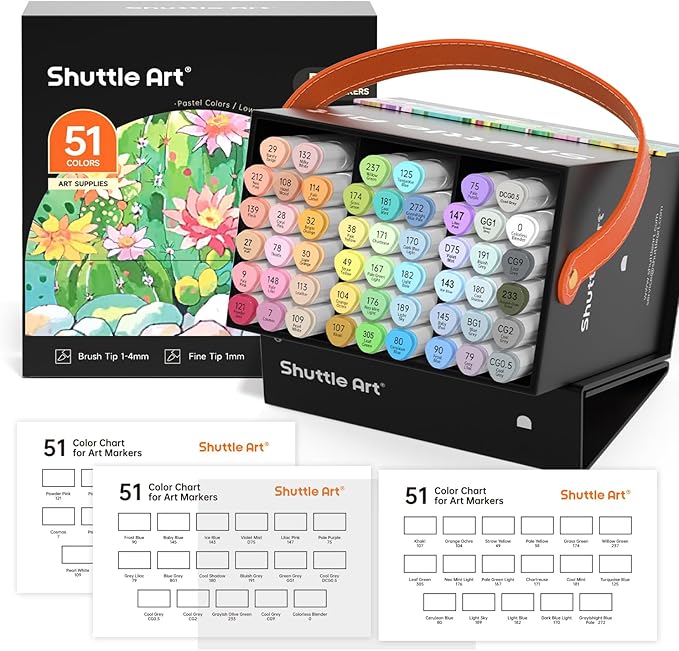 Shuttle Art Pastel Alcohol Markers Brush tip, Dual Tip Brush & Fine Tip Art Marker Set, 50 Colors plus 1 Blender Marker Pens with Case Perfect for Illustration Kids Students Adults Coloring Sketching