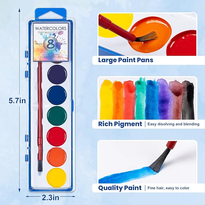36 Pack Watercolor Paint Set, Washable Watercolor Paint Bulk for Kids, Water Color Paint with Paint Brushes, Ideal Gifts for Party Favors, School Supplies & Classroom Prizes, Art Activities, 8 Colors