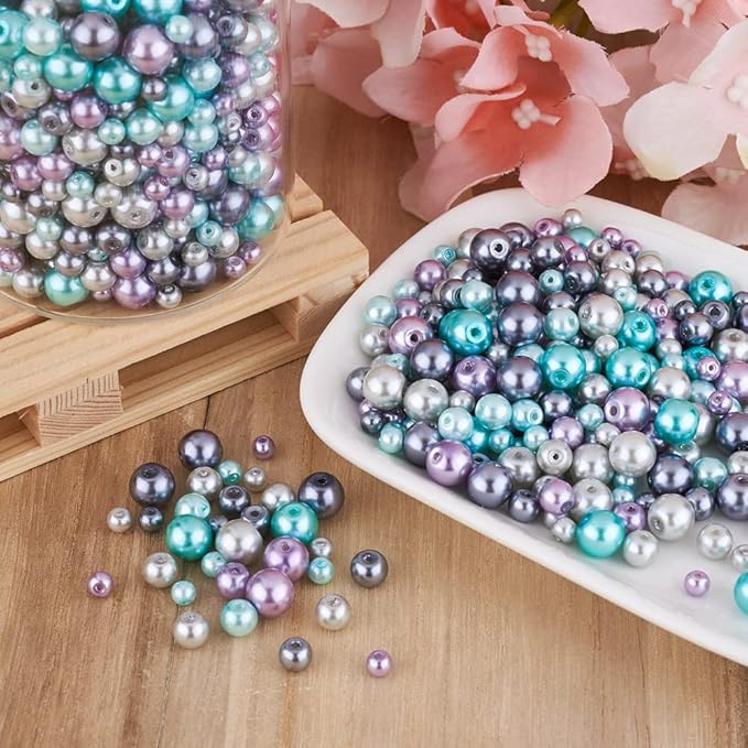 About 1840Pcs 4/6/8mm Glass Pearl Beads Pearlized Beads Multi Colors Round Spacer Beads for DIY Craft Jewelry Making Hole: 1mm, Mixed Purple & Grey & Turquoise