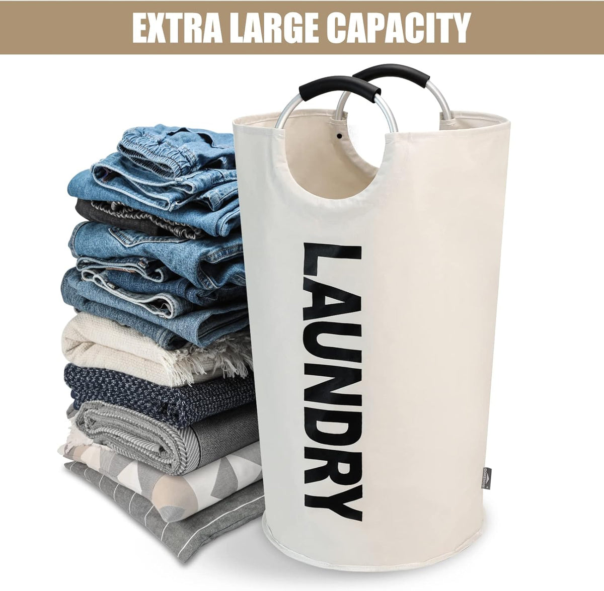 DOKEHOM 90L Large Laundry Basket, Collapsible Laundry Bag, Freestanding Tall Clothes Hamper, Foldable Washing Bin (Beige)
