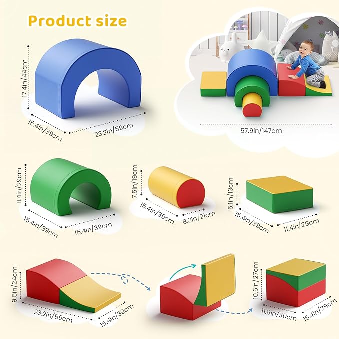 Lischwert Foam Climbing Blocks, Soft Climbing Toys for Toddlers, 5 Pieces Crawl and Climb Foam Playset with Foldable Block and Tunnel, Indoor Climber Activity Play Set for Kids Age 1+(Colorful)