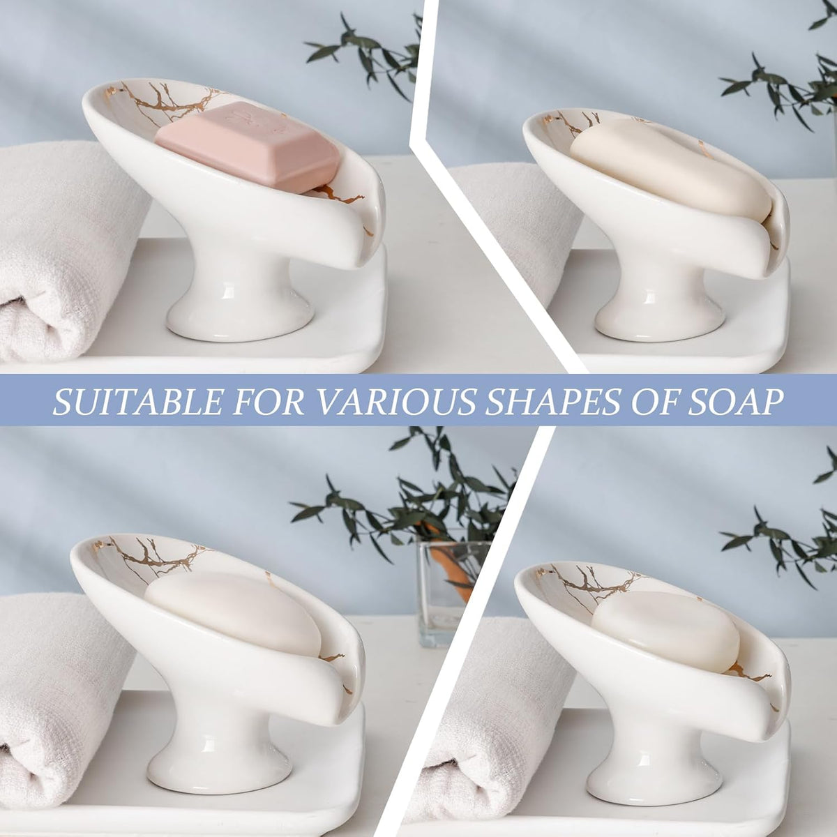 Soap Dish Set, Self Draining Bar Soap Holder for Bathroom Sink, Leaf Shaped Drainage Ceramic White Marble Porcelain Soap Dishes, Kitchen Decorative Soap Dish 2PACK, ANTIS'S HOME