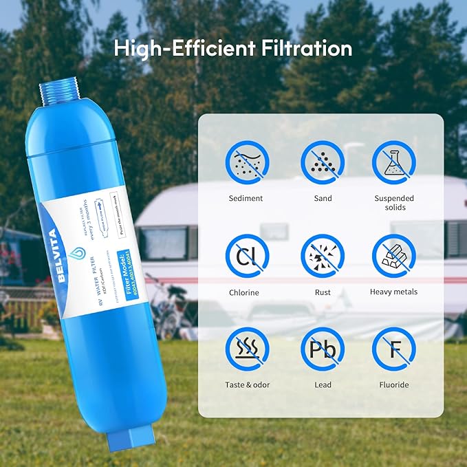 BELVITA RV Inline Water Filter with Solid Brass 90 Degree Hose Elbow, Eliminates Stress and Strain On RV Water Intake Hose Fittings(4 Pack)