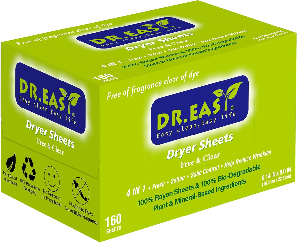 Dr.Easy Dryer Sheets Free & Clear Plant Based all ingredients for Sensitive Skin 160 Ct 100% Rayon Fabric Softener sheet unscented & no dyes Reduce Static & Wrinkles Soften Clothes Help Repel Pet Hair