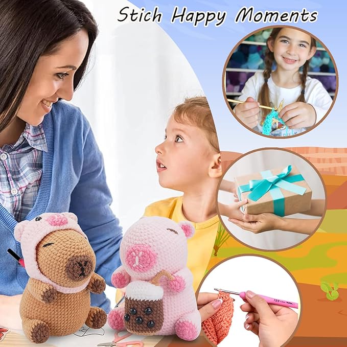 Crochet Kit for Beginners,Beginner Crocheting Animals Kits w Step-by-Step Video Tutorials, Knitting Starter Pack for Adults and Kids,2 Pack Capybara