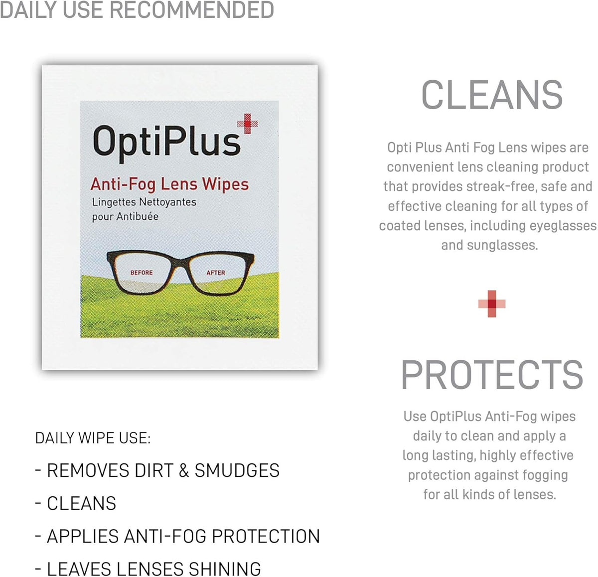 OptiPlus Anti Fog Pre-Moistened Cleaning Wipes for Glasses, Screens, Lenses - Quick-Dry, Scratch-Free, 100 Count