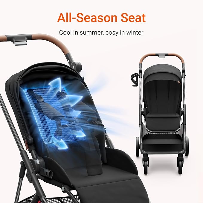 Air Lux Baby Stroller with Carbon Fiber Frame, One-Hand Fold & Reversible Seat, Magnetic 5-Pt Harness, Car Seat Adapter, 15.8lbs, Meteorite