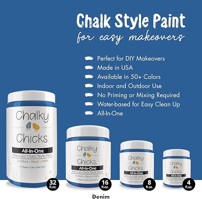 Chalky Chicks All-in-One Chalk Paint for Furniture or Cabinet - 32 Fl Oz - Matte Finish Denim (Navy Blue) for Metal, Wood Furniture Paint - No Sanding All-in-One for Home Decor & Crafts, USA Made