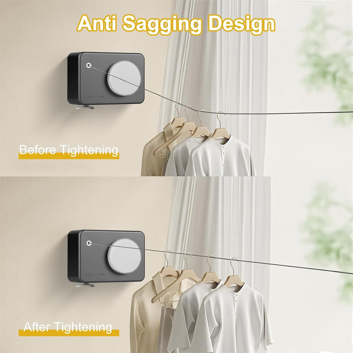 Retractable Clothesline Indoor/Outdoor, Anti-Sag for Drying Clothes Line Retracting Indoor/Outdoor, We Equipped This 13.8 Fts Laundry line Retractable with 4 Large Clips