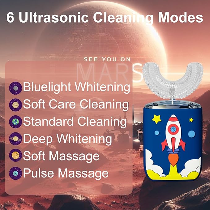 Kids U Shaped Electric Toothbrush Ultrasonic Automatic Brush with 5 Brush Head 6 Clean Modes IPX7 Waterproof Whole Mouth Rechargeable Smart Timer Toothbrushes for Children Age 2-7 (Blue)