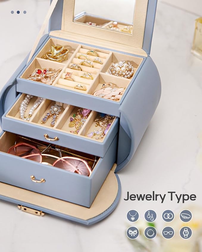 Homde Girls Jewelry Box Jewelry Storage Case Organizer Faux Leather with Mirror for Rings, Earrings, Bracelets, Necklaces (Grey Blue)