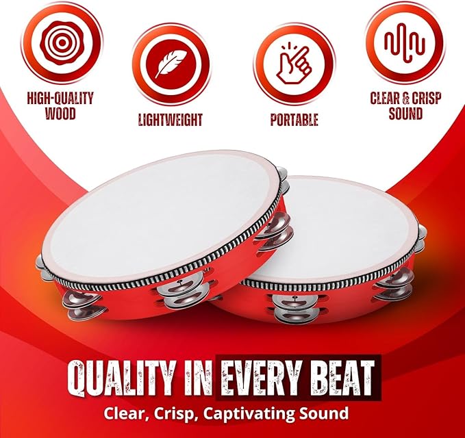 Flexzion Wood Handheld Tambourine for Kids - 8 & 6 Inch Set of 2 Pack, Double Row 12 Pair Metal Jingles, Percussion Drum Moon Musical Instrument (Red)