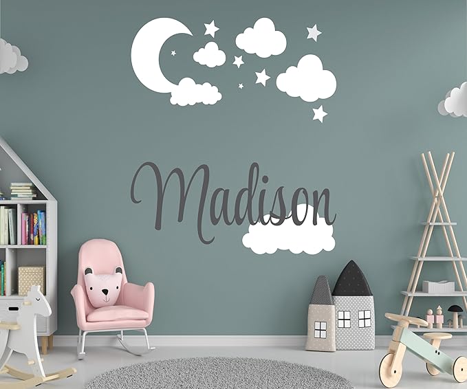 Custom Name with Moon Clouds and Stars Nursery Baby Name Wall Art Wall Decal for Nursery Bedroom playroom Decoration (Wide 40x40In Height), Wide 40Inx40In Height