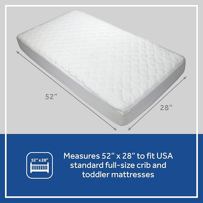 Sealy Baby Stain Protection Fitted Waterproof Infant Crib Mattress Protector Pad and Toddler Bed Cover, Durable and Comfortable Topper, Machine Washable and Dryer Friendly, 52” x 28”- White