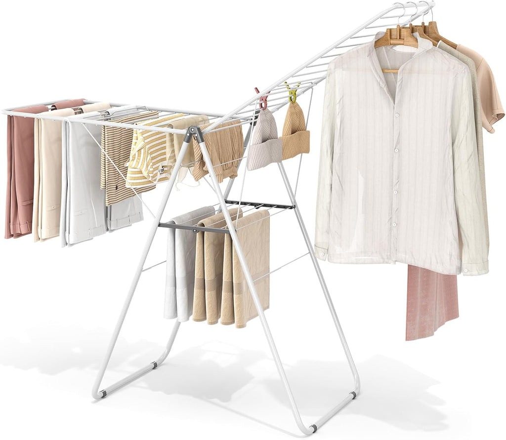KINGBOARD Clothes Drying Rack Foldable, Metal Drying Rack Clothing with Height-Adjustable, Laundry Rack, Indoor Outdoor Use, No Assembly, 20.47"x 70"x 42.52", White