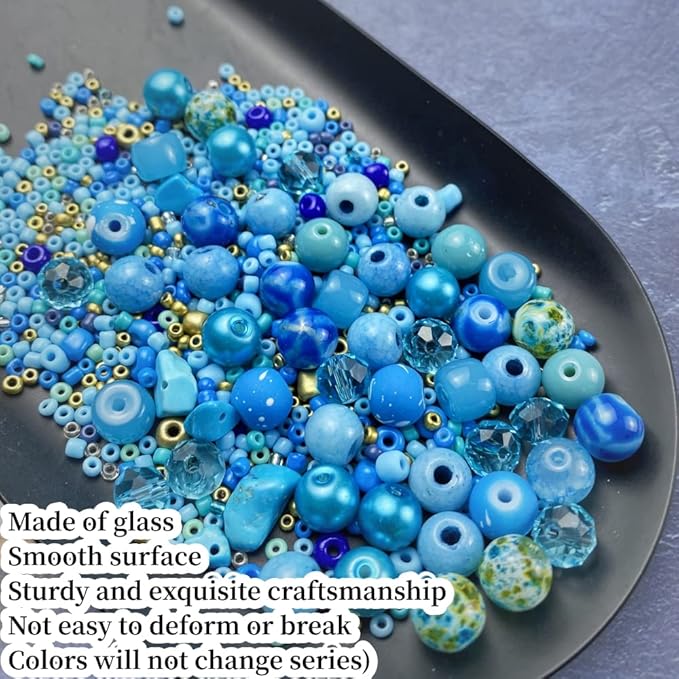 Assorted Glass Resin Beads Multi Size Colors Smooth Cracked Gravel Millet Spacer Beads for Bracelets Necklace Earring DIY Jewelry Making Craft(Lake Blue Series)