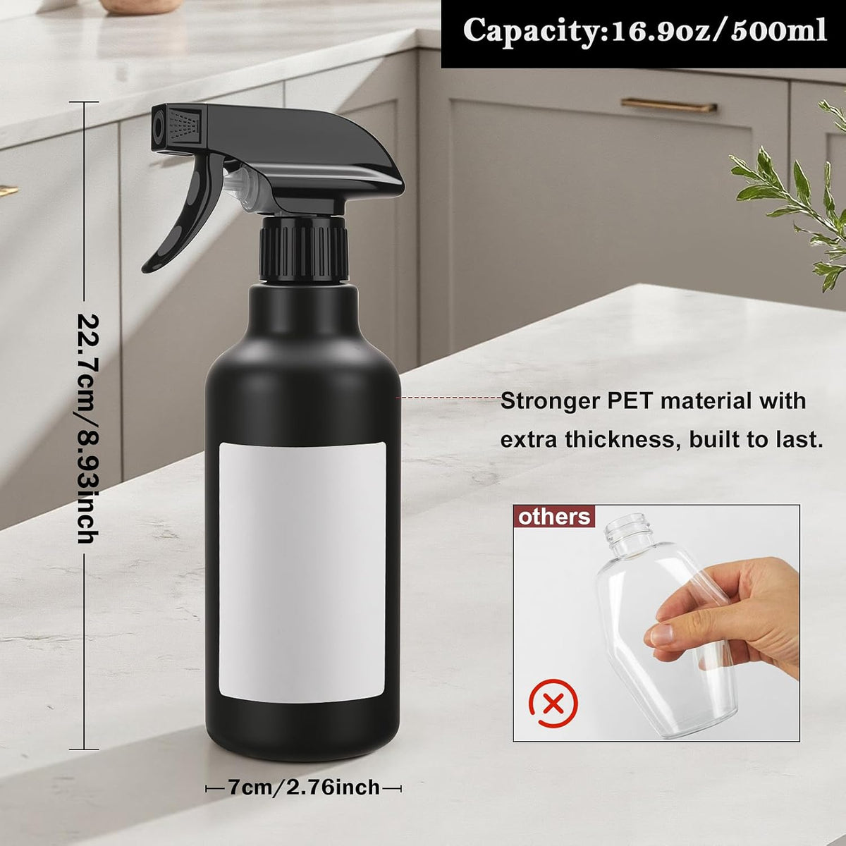 Spray Bottles 16.9oz/500ml Plastic Empty Spray Bottle for Hair Mist/Stream Spraying Heavy Duty Water Spray Bottles for Cleaning Solutions, Plants 2 Pack (Black)
