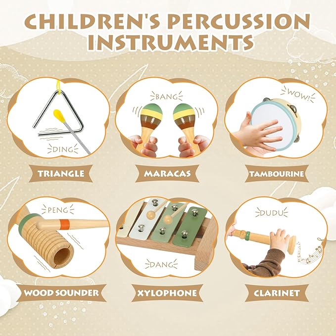Musical Instruments Set Toys for Toddlers 1-3 - Neutral Colors Wooden Montessori Toys Percussion Music Modern Xylophone Drum Birthday Chirstmas Gifts for 1 2 3 Year Old Kids Baby Toddlers Boys Girls