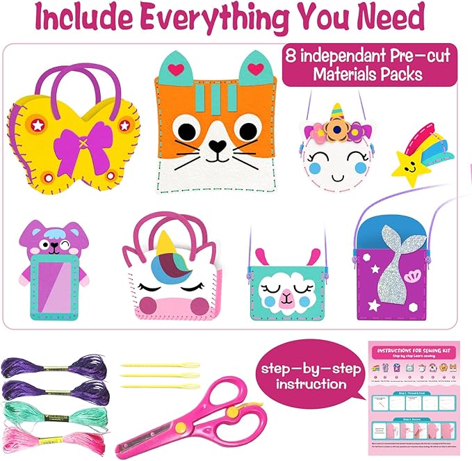 MEGUO Sewing Kit for Kids,Beginner Arts and Crafts, 8 Easy DIY Handbag and Ornaments, Christmas Birthday Gifts Presents Toys for Girls 4-12, Learn to Sew/Embroidery,Parent-Child Interaction