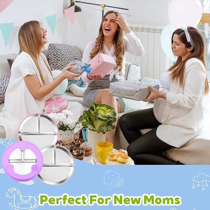 3-Pack Stainless Steel Baby Plates with Suction, BPA-Free Stainless Steel Kids Plates, 9" Divided Toddler Plate for Dishwasher Safe, Non-Slip Silicone Base, Detachable (Pink, Gray, Purple)