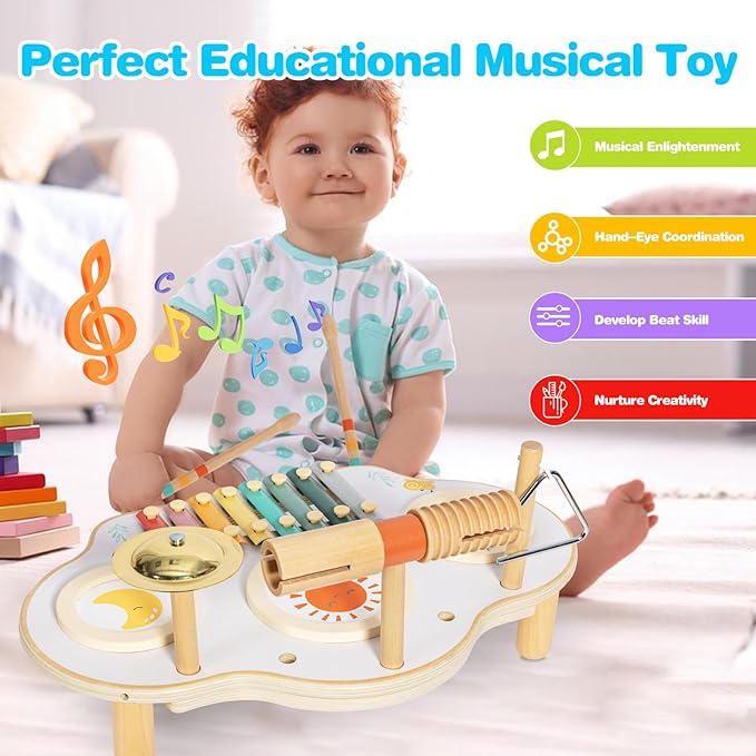 Kids Drum Set - 9 in 1 Baby Drum Set for Toddlers - Montessori Musical Instruments Toy for Babies - Wooden Xylophone Musical Toys for Boys and Girls