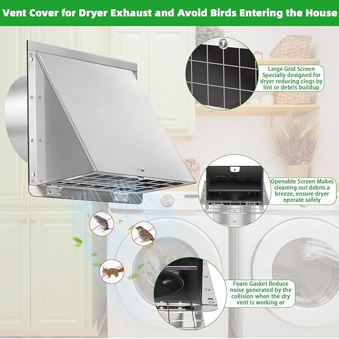 4 Inch Dryer Vent Cover Outside with Mesh with Cushioned Flap,304 Stainless Steel Wall Vent Exhaust Vent Cover,4" Outdoor Dryer Vent Cover Hood Exterior Wall Vent Cover Cap for Range Hood Vent AC Vent