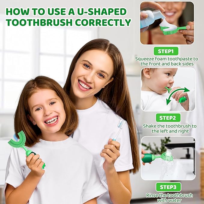 U-Shaped Toothbrush for Kids Ages 2-7， Soft Food-Grade Silicone for Sensitive Gums， 360° Teeth Cleaning Design，Training & Travel-Friendly Toddlers' Toothbrush (Green)