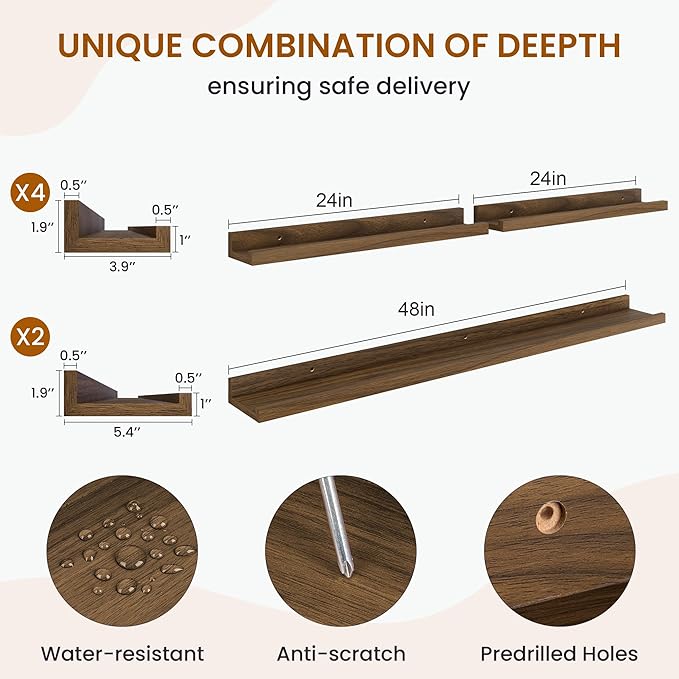 Axeman Picture Ledge Shelf, Floating Shelves for Wall Decor Storage Set of 6, 48 inch Floating Wall Mounted Shelves, Wall Shelves with Lip for Living Room, Bedroom, Nursery, Bathroom, Kitchen, Walnut