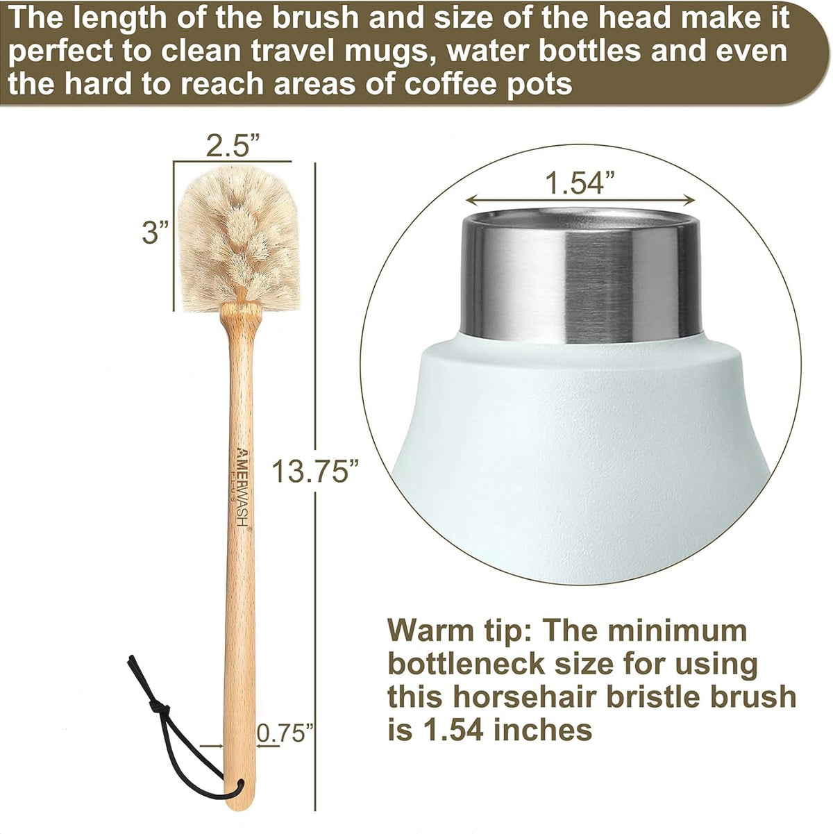 Bottle Brush Cleaner with Horsehair Bristles, 13-3/4 Inch Long Wood Handle Natural Cleaning Brush Cleans and Scrubs Wide Mouth Jars, Glasses, Vases, Mugs and Pitchers