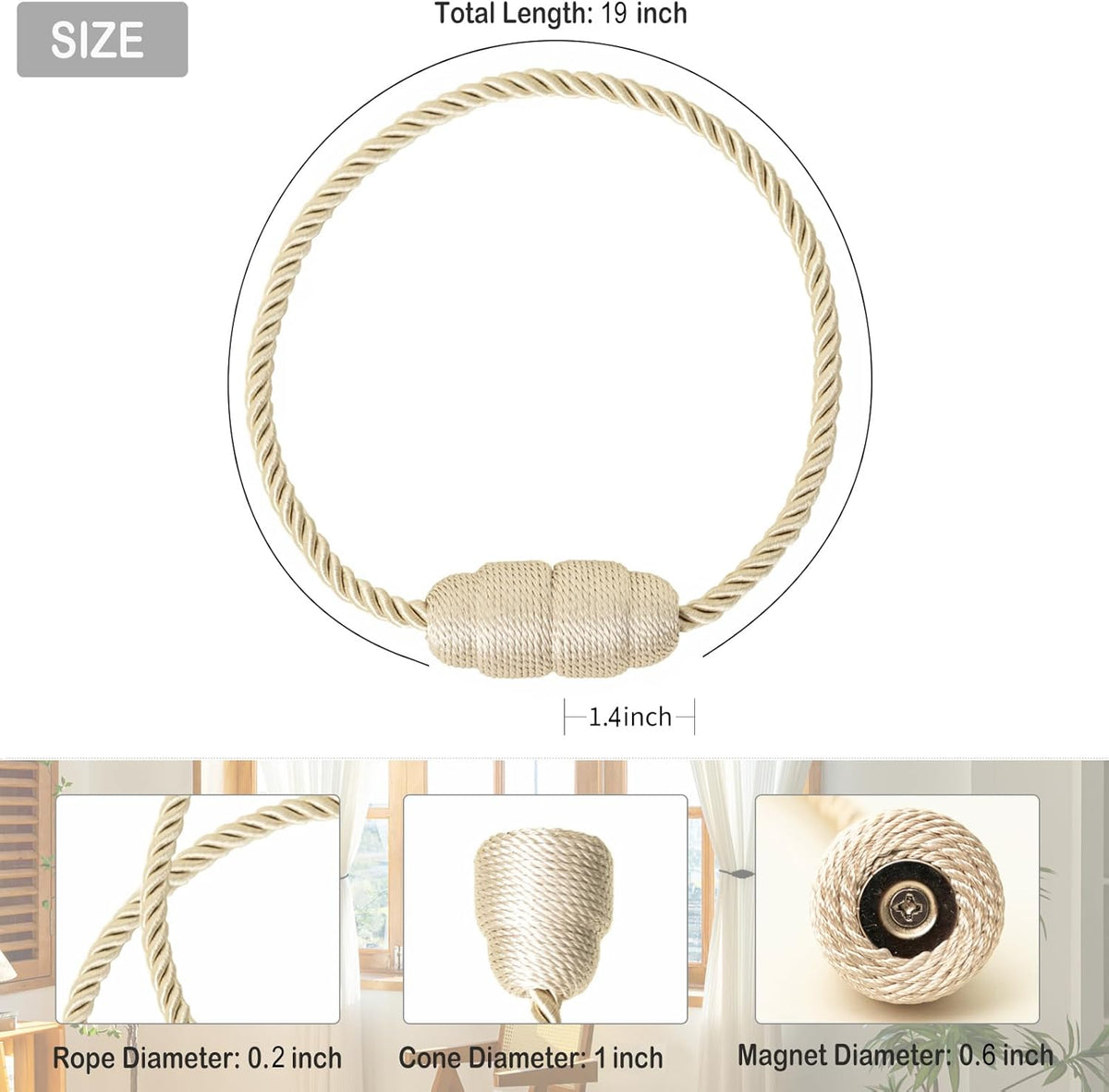Magnetic Curtain Tiebacks Rope Curtain Tie Backs for Curtains 4 Pack Curtain Holders for Drapes Decorative Window Curtain Holdbacks, Beige