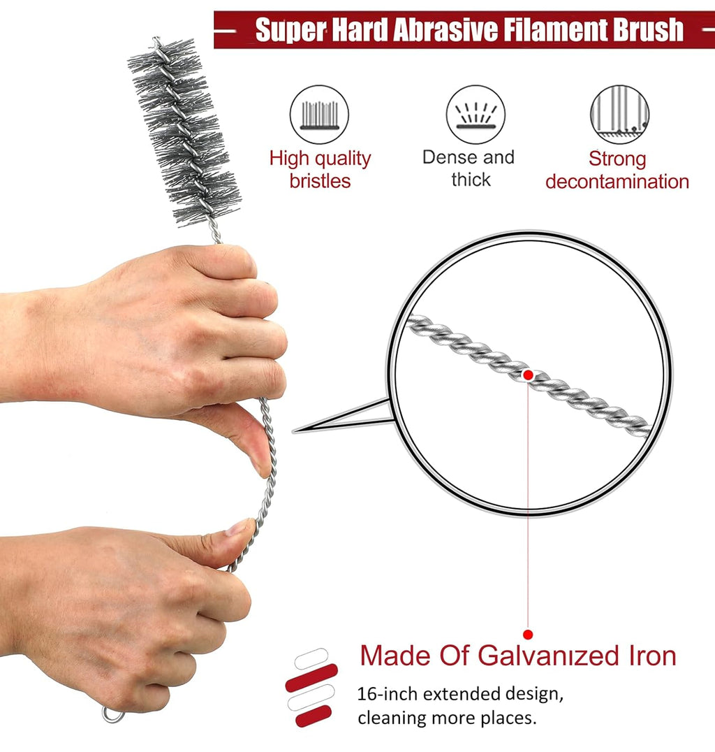 16 Inch Extra Long Pipe Cleaning Brush Set Abrasive Filament, 8 Piece Variety Pack for Removal of Rust, Corrosion, Paint, Etc.