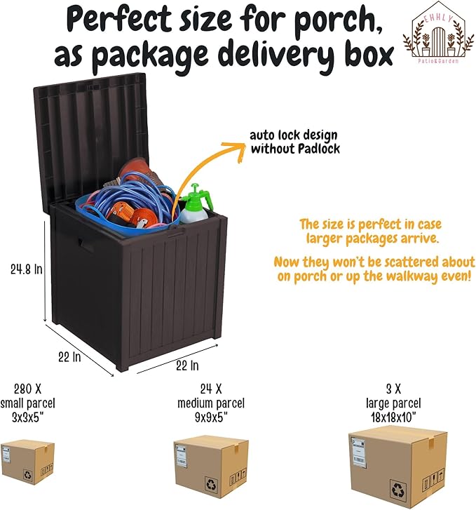 Deck Box, 51 Gallon Front Porch Package Bin Delivery Box for Outside, Small Patio Outdoor Storage Boxes Waterproof, UV Resistant Plastic Resin Pool Storage Bins with lids, Brown