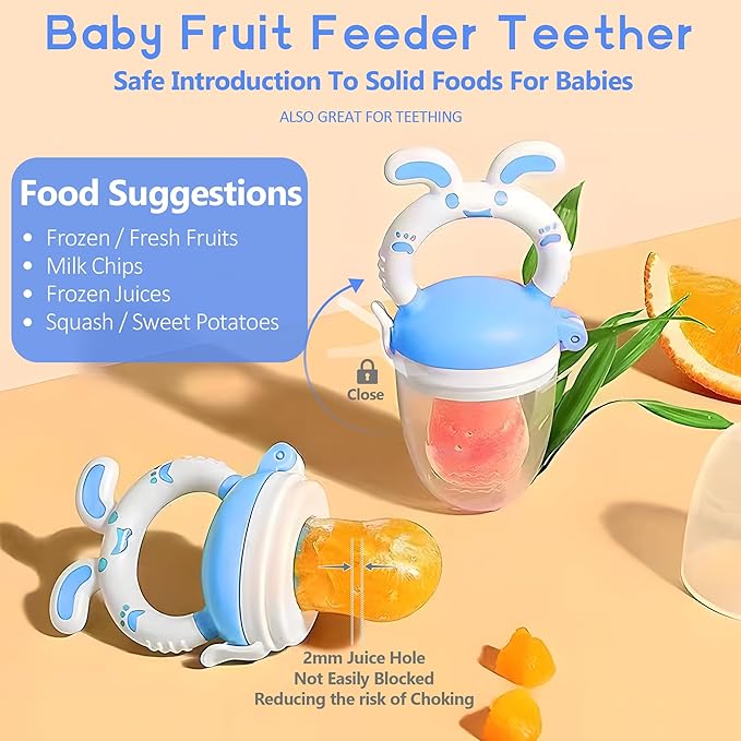 WAJIAYON Baby Fruit Feeder Pacifier- 3 Pack | Infant Food Feeder Pacifier & Baby Food Dispensing Spoon | Mesh Fresh Fruit Teethers for Babies | Shower Gifts for Boys and Girls (Sky Blue)