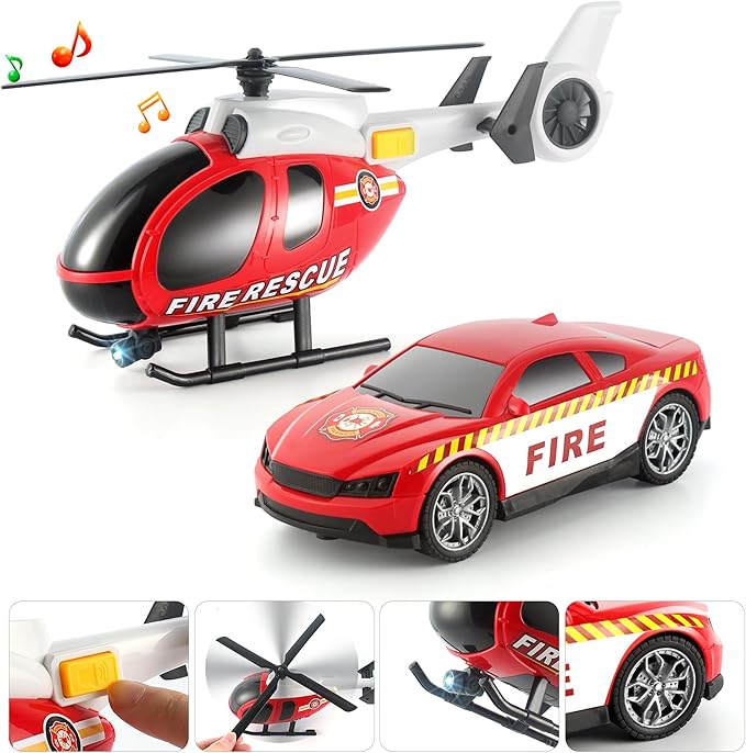 Dwi Dowellin 25.6" Semi Truck Toy with Racing Car and Helicopter for Kids Toddlers - Fire Toys,Birthday Gifts for Boy Toddler Child 2 3 4 5 6 Years Old
