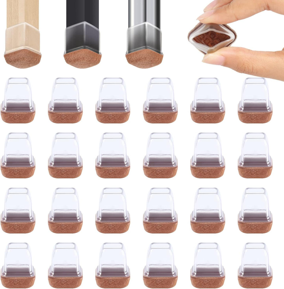 Ezprotekt 24 Pcs Small Clear Square Chair Leg Floor Protectors for Hardwood Floors, Silicone Felt Furniture Pads, Table Chair Leg Cups Covers, Bar Stool Leg Protectors Caps (S Fit: 3/5" to 7/10")