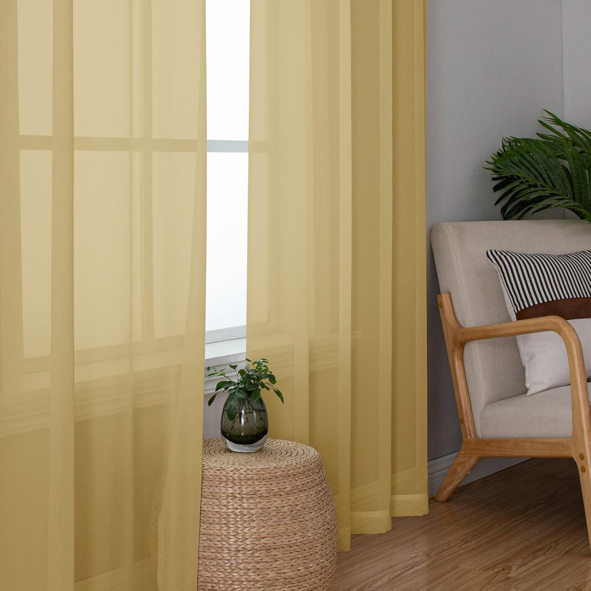 Chyhomenyc Sheer Gold Curtains 90 inches Long 2 Panels, Light Filtering Soft Airy Solid Elegant Voile Window Treatment Drapes for Bedroom Living Room Wedding Party Decor, 42 Wx90 L Inches