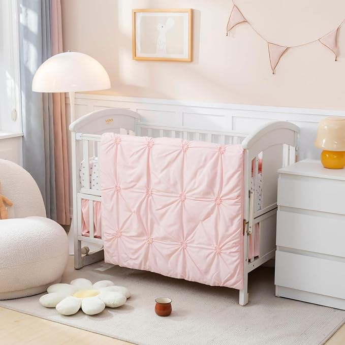 PINNKKU 3-Piece Crib Bedding Set for Boy Girls, Includes Skirt, Blanket and Sheet, Baby Bedding, Pintuck Pinch Pleat Pink