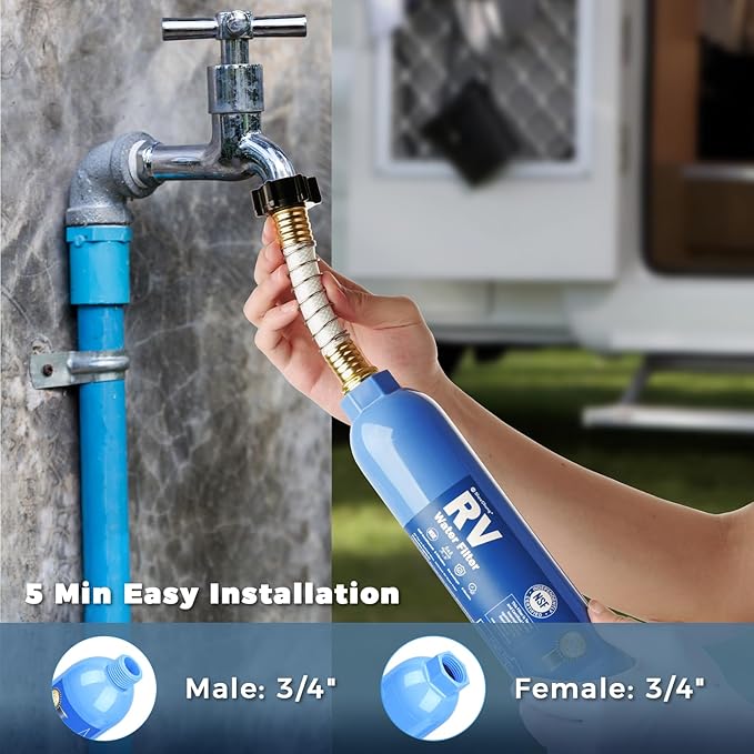 SheeChung RV Water Filter 4 Pack with Flexible Hose Protector, NSF Certified, Inline Hose Water Filter for RV, Boat, Campsite – Reduces Odors, Bad Taste, Chlorine, Rust