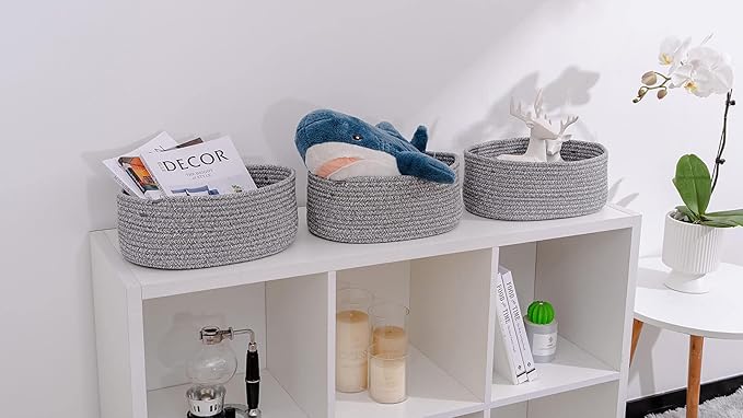 Baskets to Store Organize Household Items/Cute Basket&Bin for Shelf Storage Woven Rope Basket for Living Room, Bedroom,Play room/13x8.66x5.11’’ Cotton Rope,Durable&Stylish,Oval 3 Packs Gray