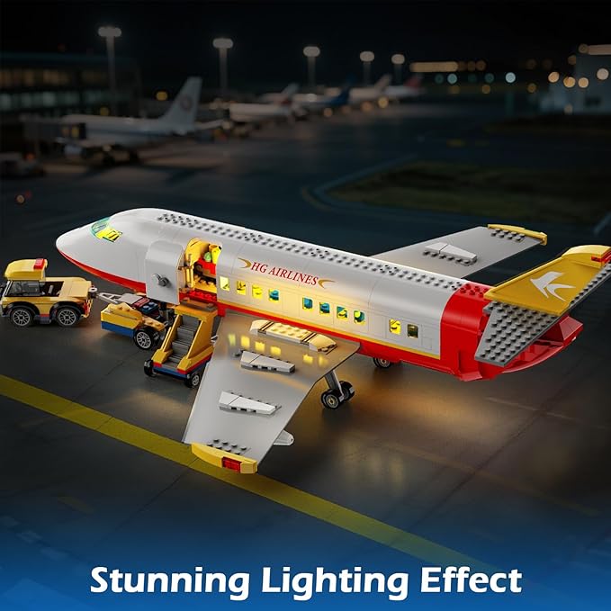 HOGOKIDS 2 Style City Airplane Building Set with LED Light - Large Plane Building Blocks Switch Passenger & Cargo Projectile Toy with 3 Cars, Planes Model Toys Gifts for Adults Boys Girls Age 6-12+