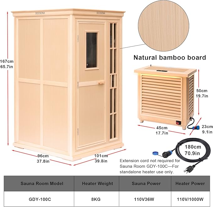 1 Person Dry Sauna for Home Max 165°F Traditional Sauna Experance, Indoor Hemlock Wooden Sauna, 110V-120V Electric Fast Heating, Easy Assembly, 7-Color Lamp, Bluetooth Size: 39.8 x 37.8 x 65.7inch