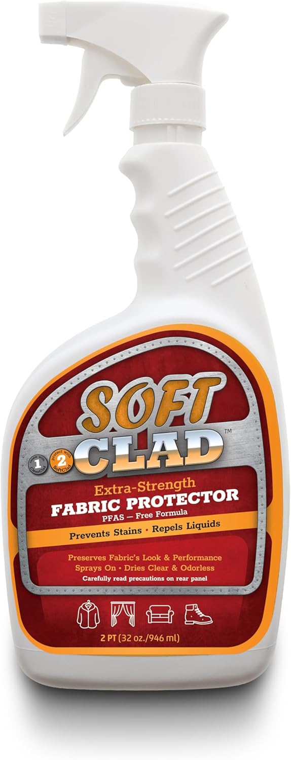 Extra Strength Fabric Protector Spray Prevents Stains and Repels Liquids. SoftClad Guards Furniture, Shoes, Carpet, Upholstery, Suede, Leather, Couch. Safe for Indoor Use. PFAS Free Formula 32oz