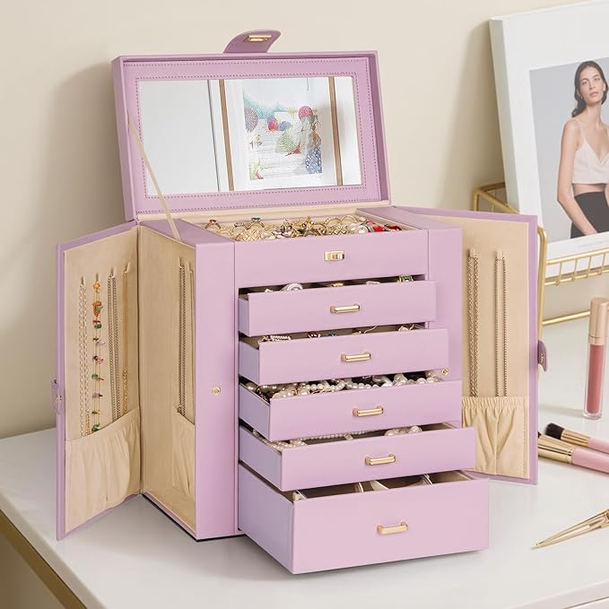 AKOZLIN Huge Jewelry Box Organizer Functional Large Leather Jewelry Storage Case for Women Girls Ring Necklace Earring Bracelet Holder Organizer with Mirror