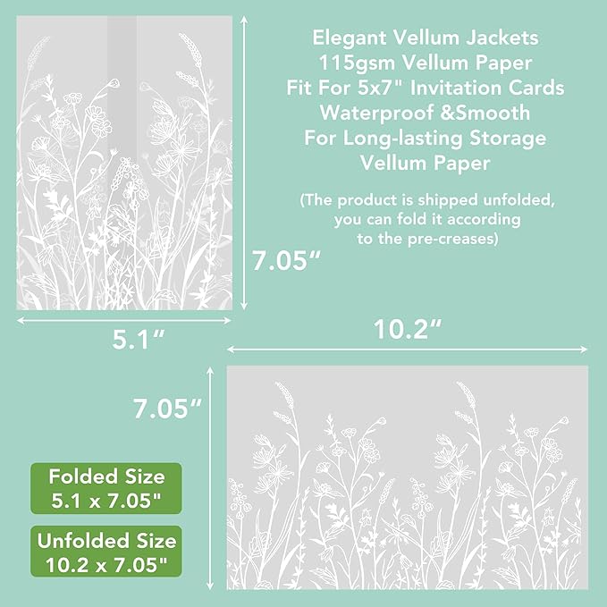 SWANGSA 50 Pack Vellum Jackets for 5x7 Invitations, Elegant White Wildflower Vellum Paper, 115GSM Translucent Invitation Sleeve Wraps for Wedding Bridal Baby Shower Birthday Envelopes